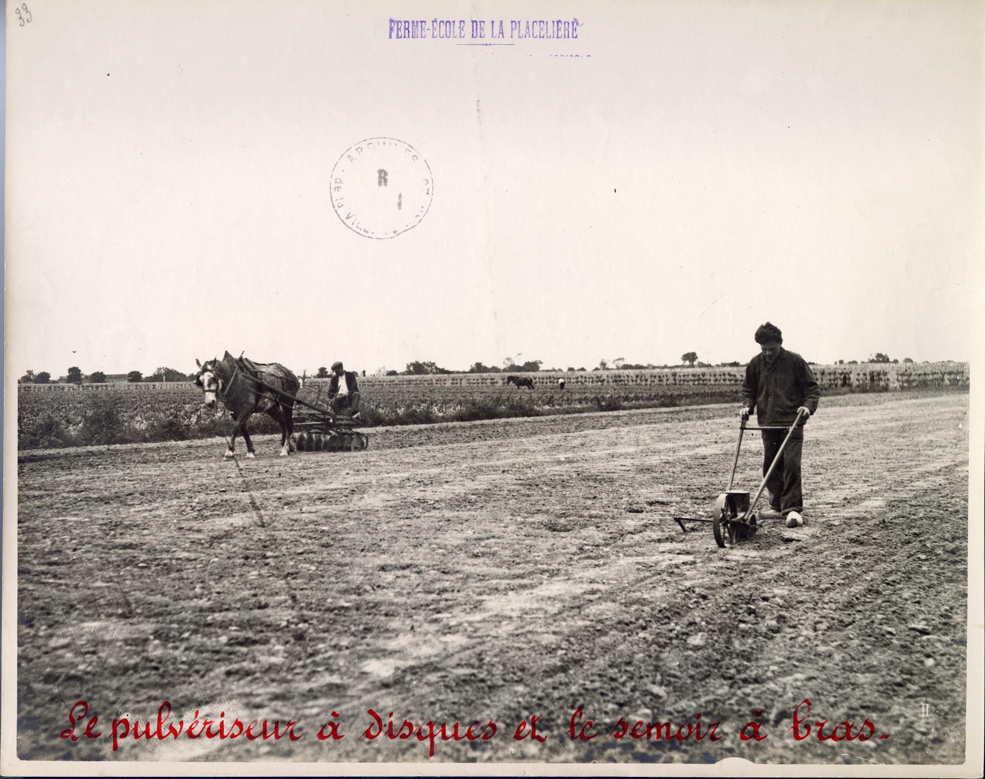 Un cheval tracte un pulvérisateur à disques à la Ferme-Ecole de la Ville de Nantes, installée au château de la Placelière, en 1922 (26Fi3193)
