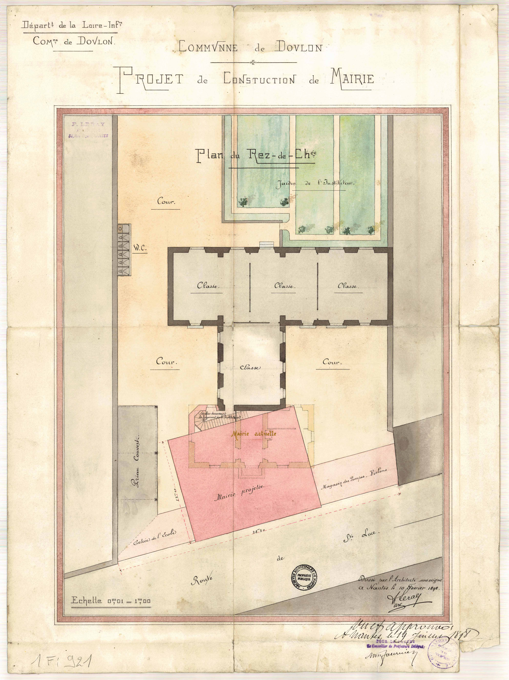 Plan des emplacements de la mairie existante et de la mairie projetée, et de l'école communale (1Fi921)