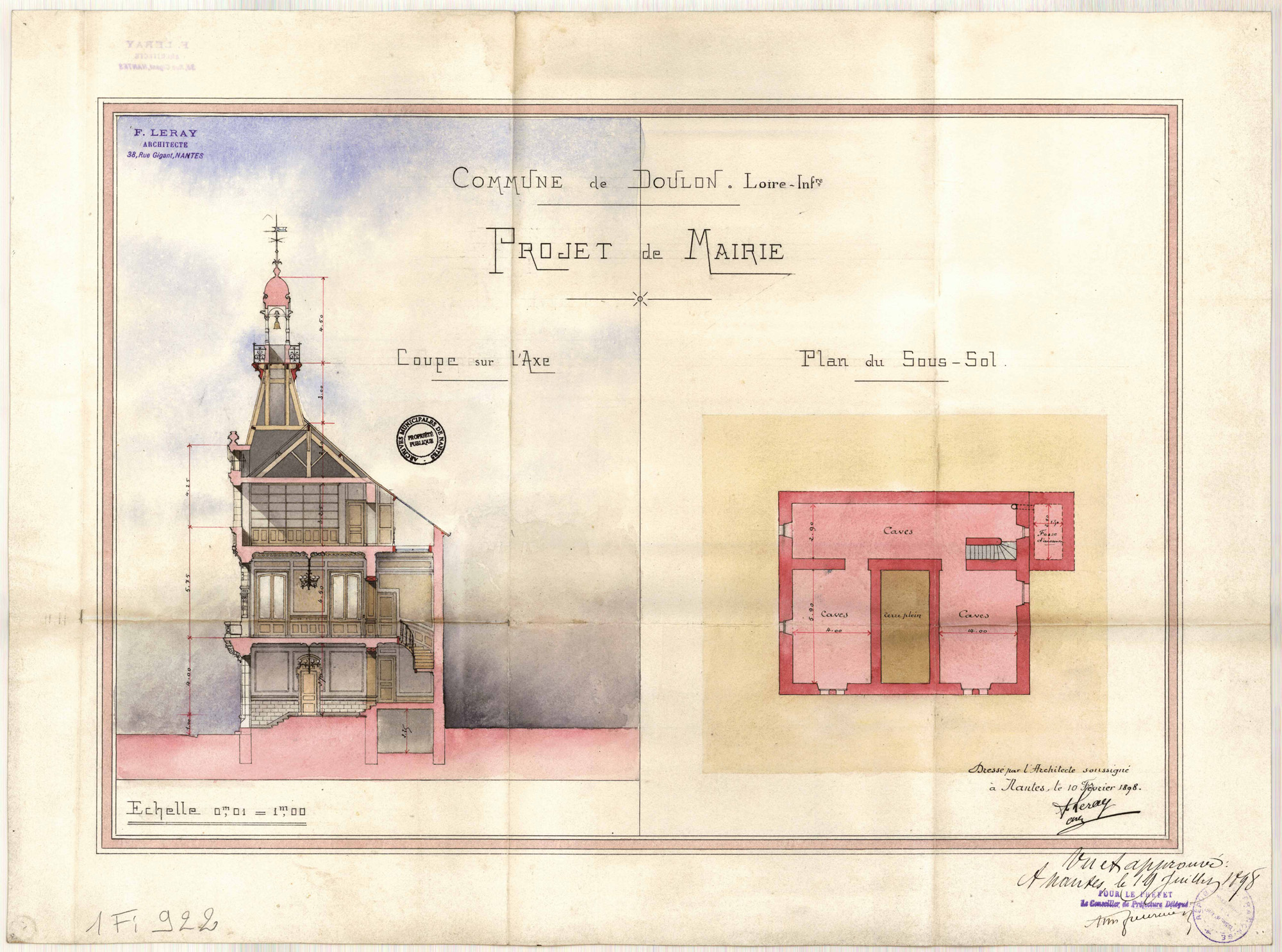 Coupe sur l'axe et plan du sous-sol de la mairie (1Fi922)