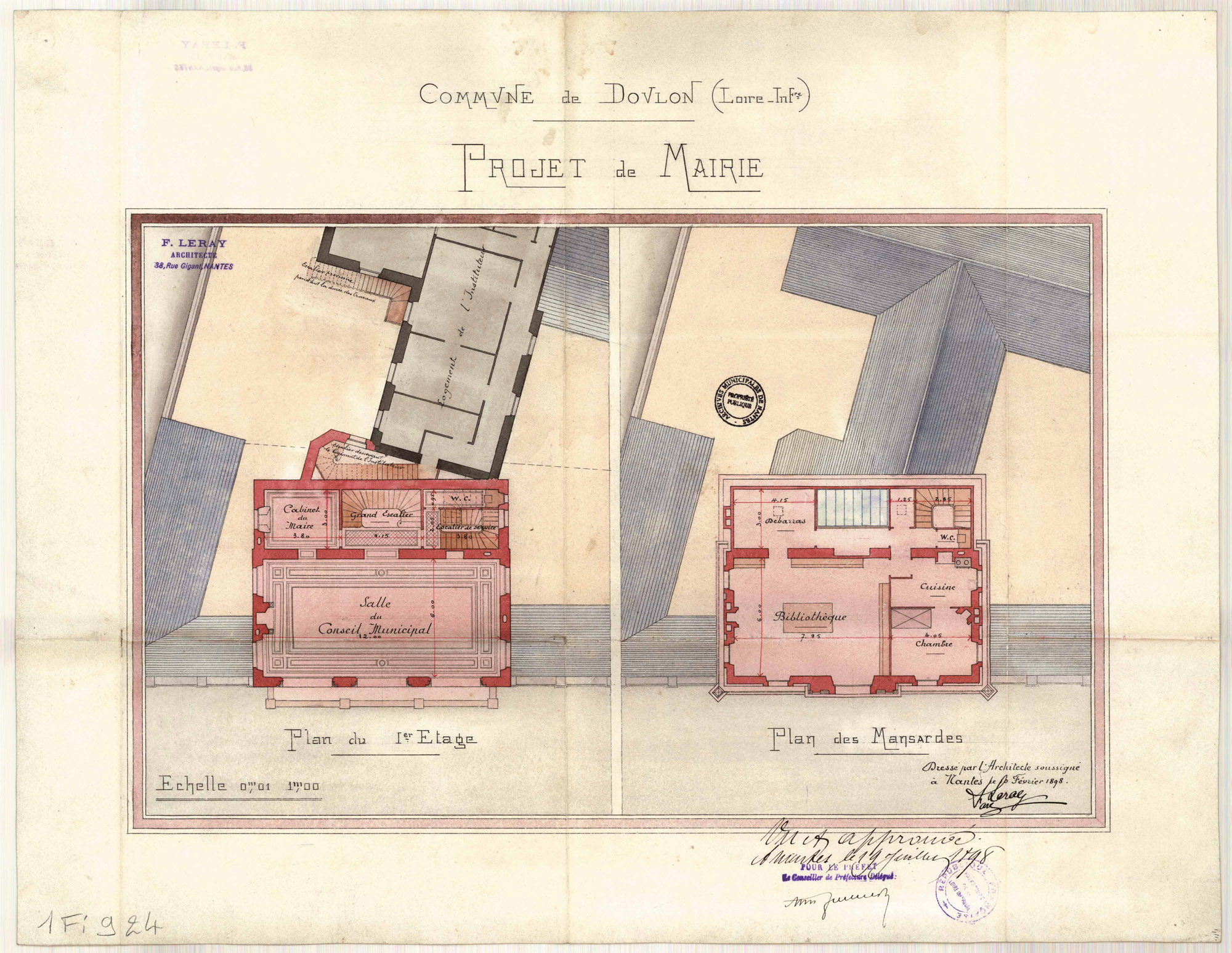 Plans du premier et du deuxième étage de la mairie et du logement de l'instituteur (1Fi924)