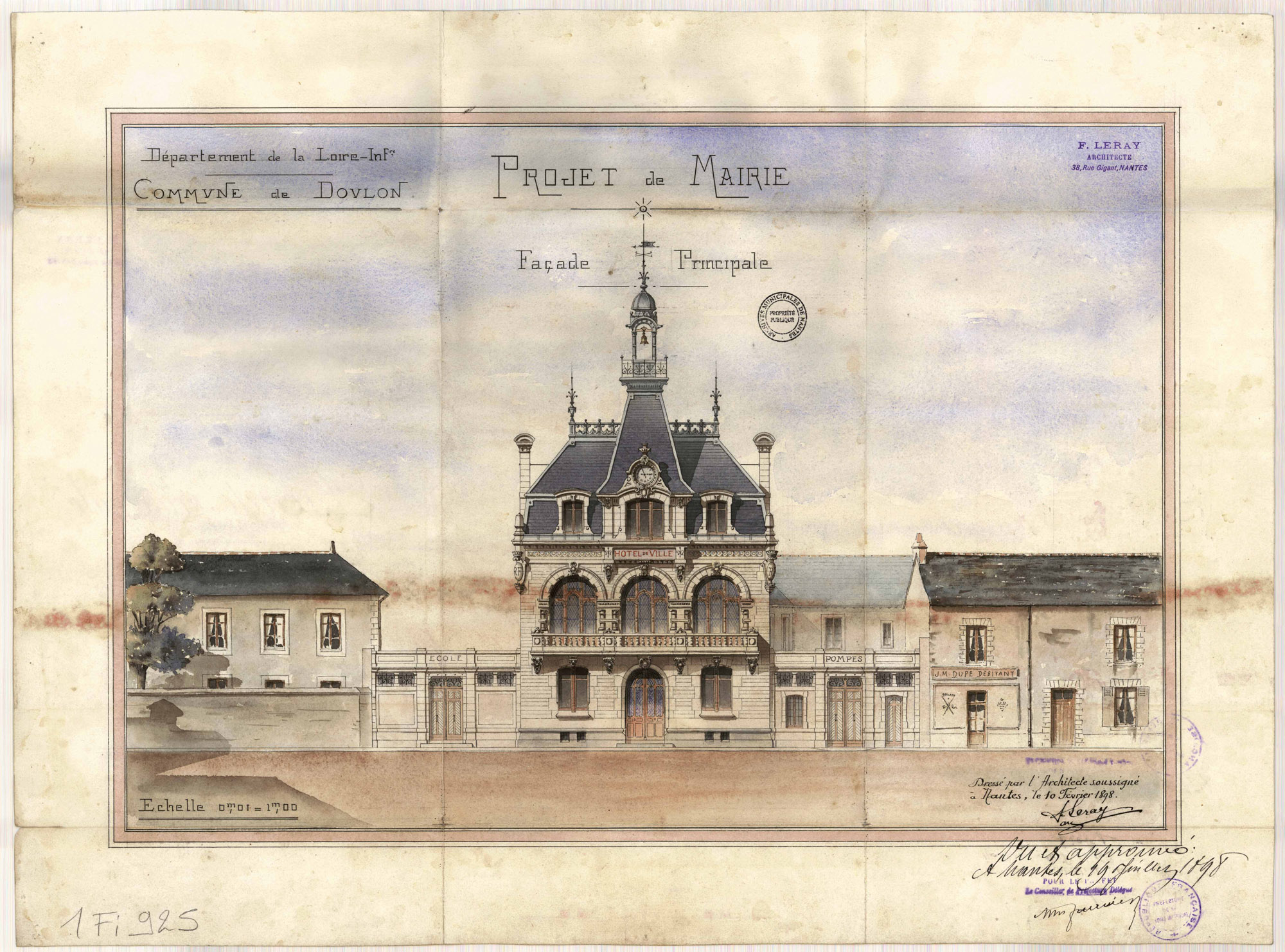 Dessin de la façade principale de la mairie et des façades des bâtiments voisins (1Fi925)