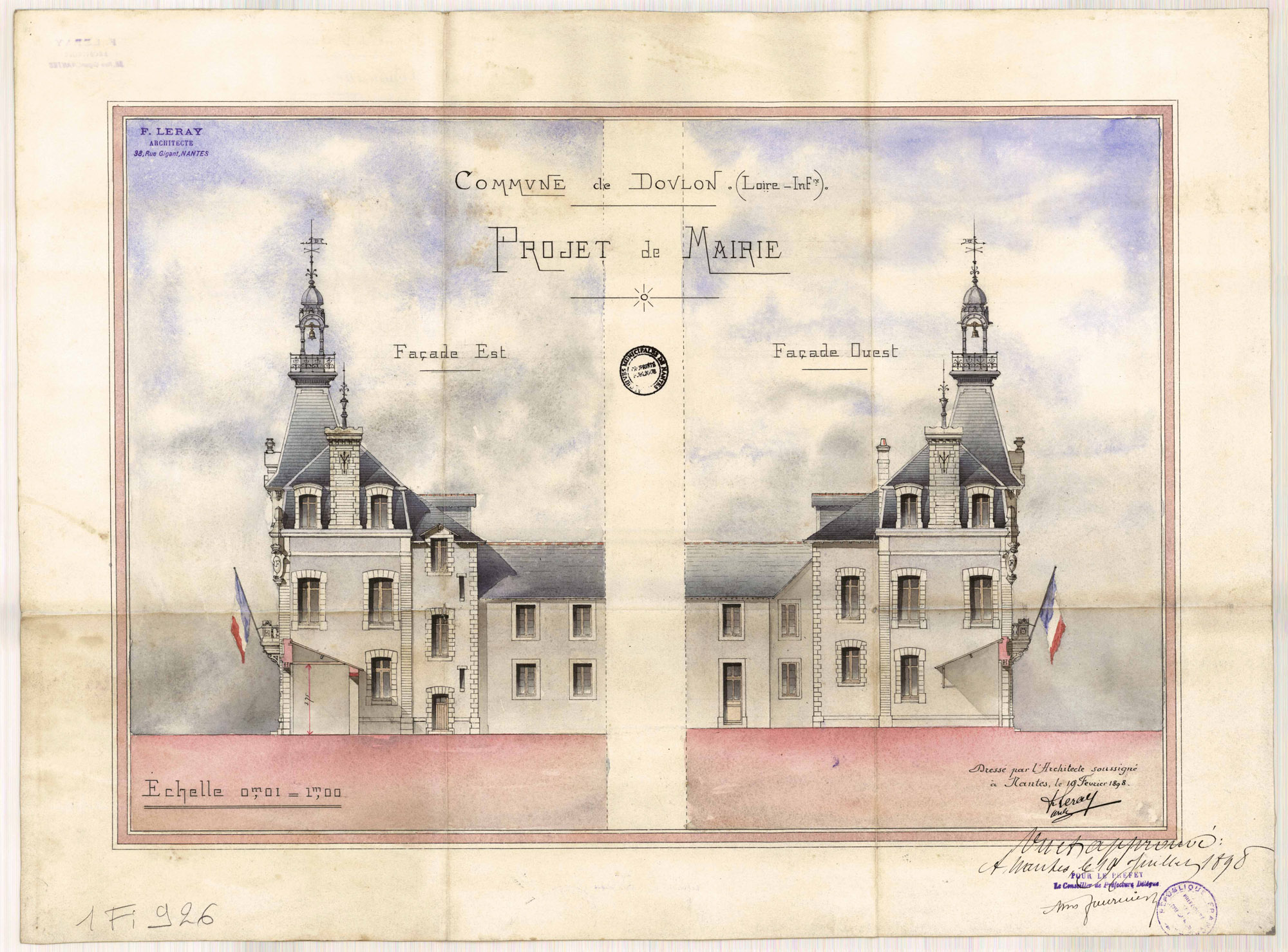 Dessin des façades latérales de la mairie (1Fi926)
