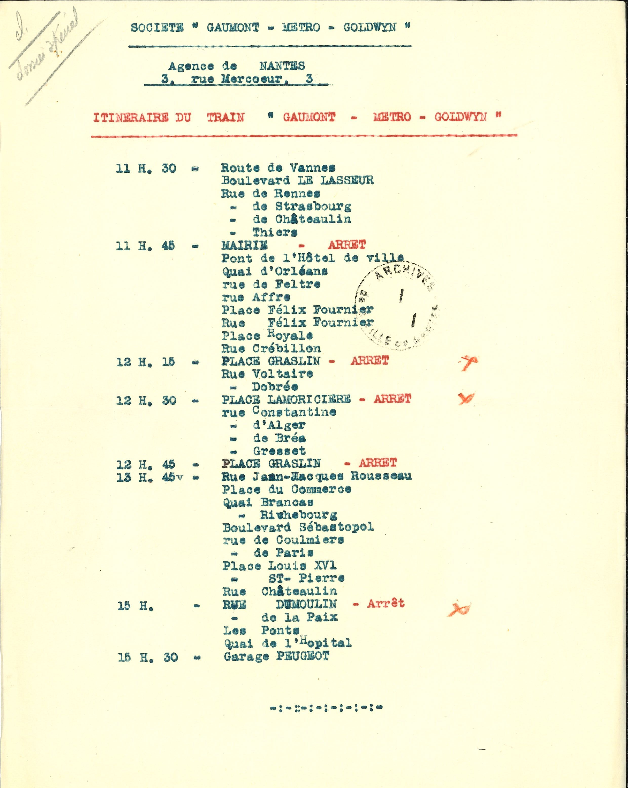 Itinéraire du train de la société Gaumont-Metro-Goldwyn à Nantes (1I879)