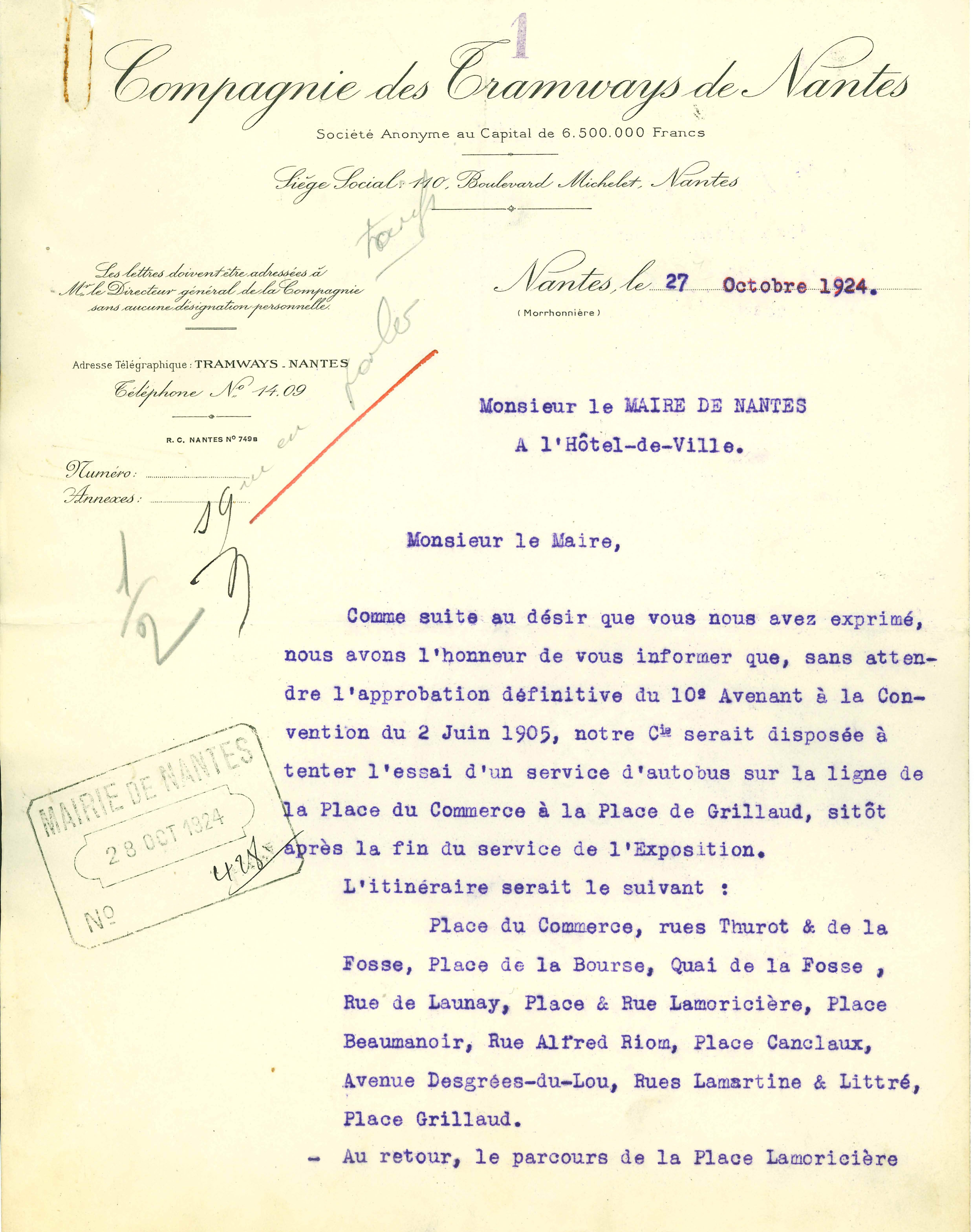 Courrier de Paul Weiler, directeur général de la Compagnie des tramways de Nantes, adressé à Paul Bellamy, député-maire de Nantes, le 27 octobre 1924 (O2)