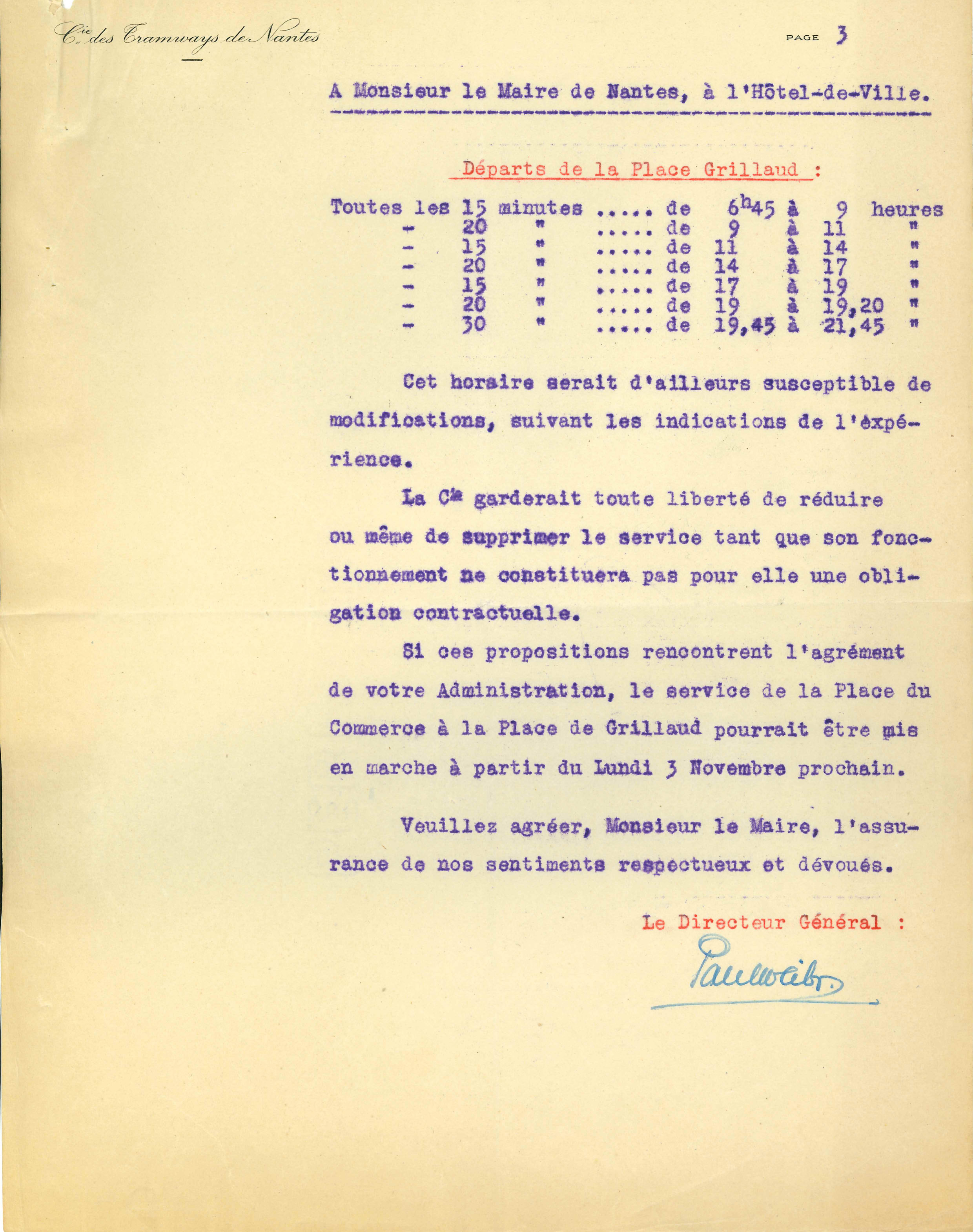 Courrier de Paul Weiler, directeur général de la Compagnie des tramways de Nantes, adressé à Paul Bellamy, député-maire de Nantes, le 27 octobre 1924 (O2)