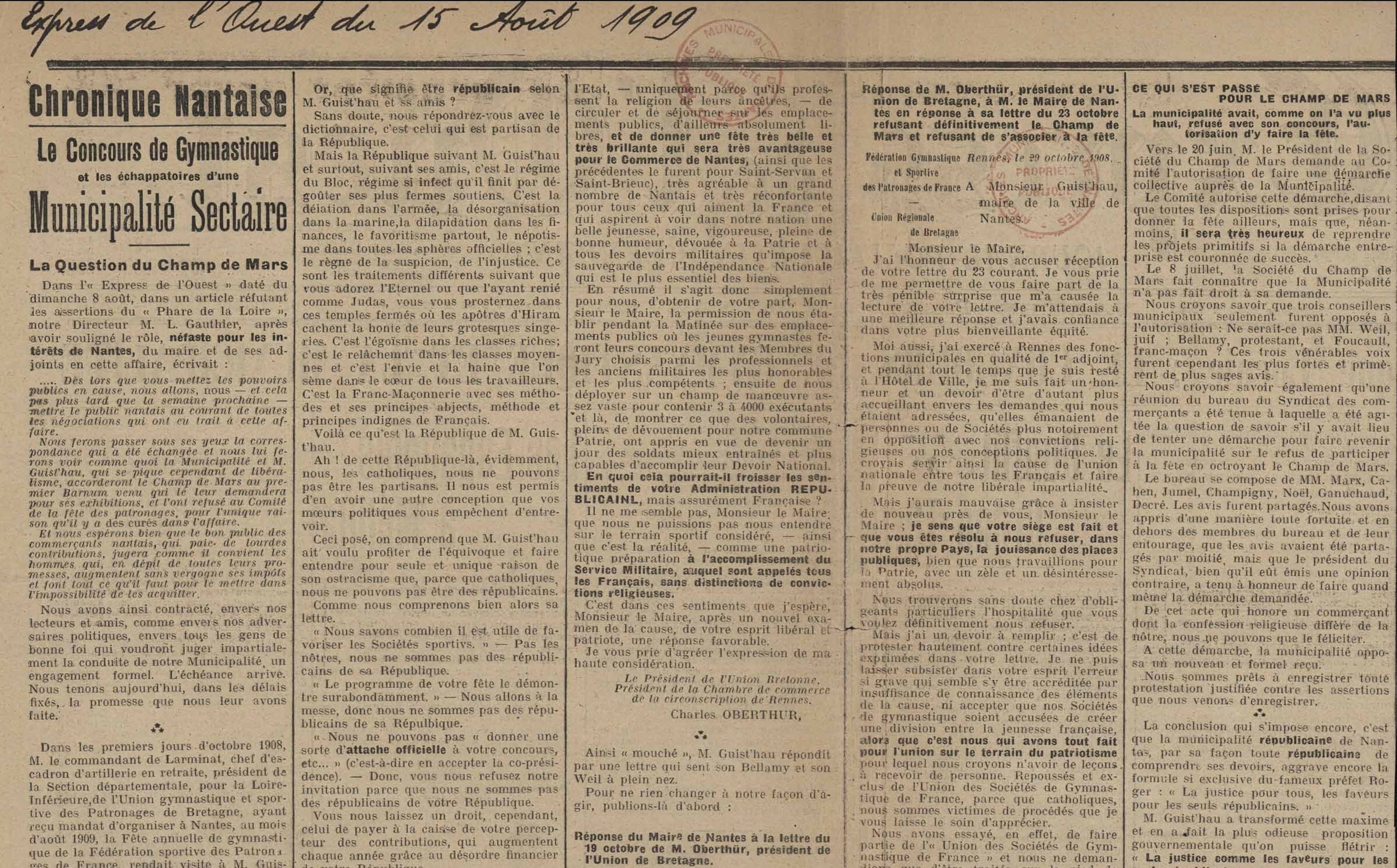 Document du mois – Sport et religion : une fête de gymnastique déchaîne les passions en 1908-1909