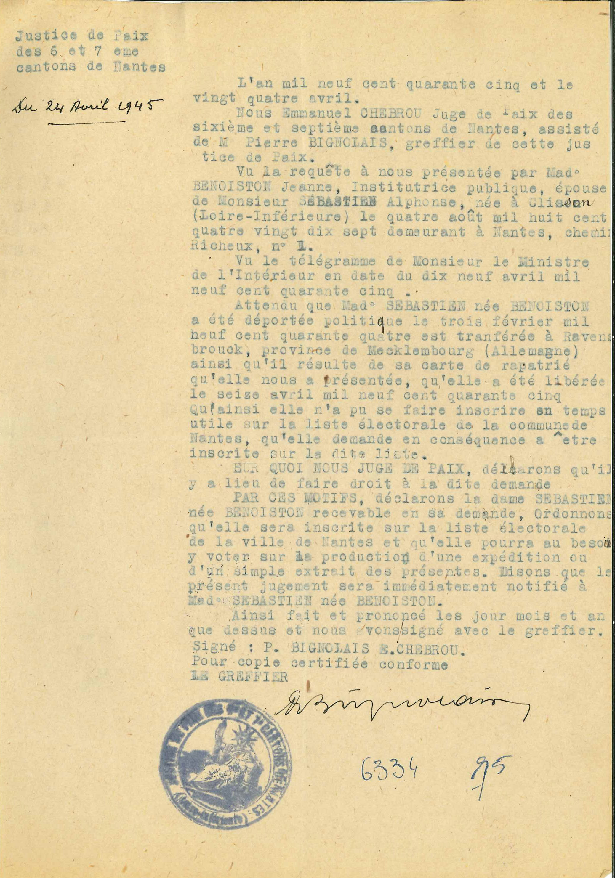 Jugement rendu par le juge de paix qui autorise Jeanne Sébastien à être inscrite sur les listes électorales de Nantes, le 24 avril 1945 (1341W1)