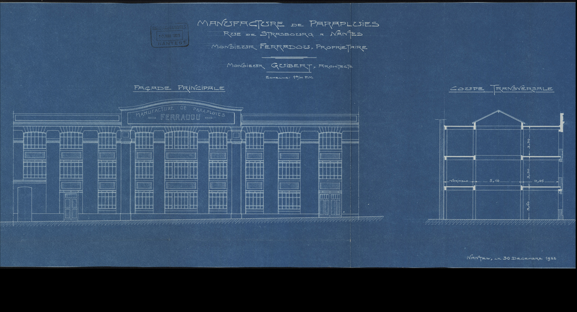 Plan de façade et coupe de la manufacture de parapluies (1O3394)