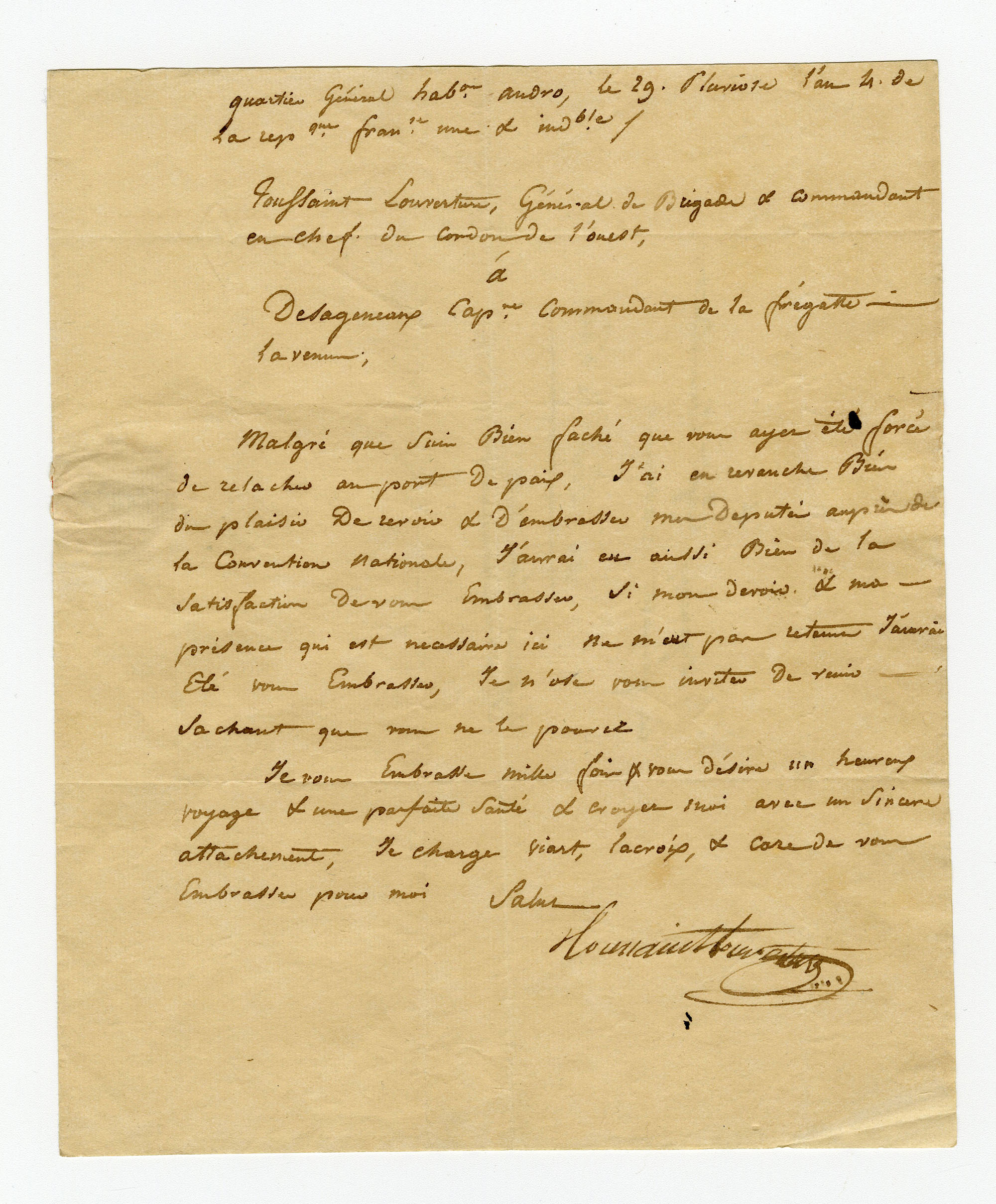 Lettre de Toussaint Louverture à Joseph-Augustin Desagenaux, le 18 février 1796 (104Z8)