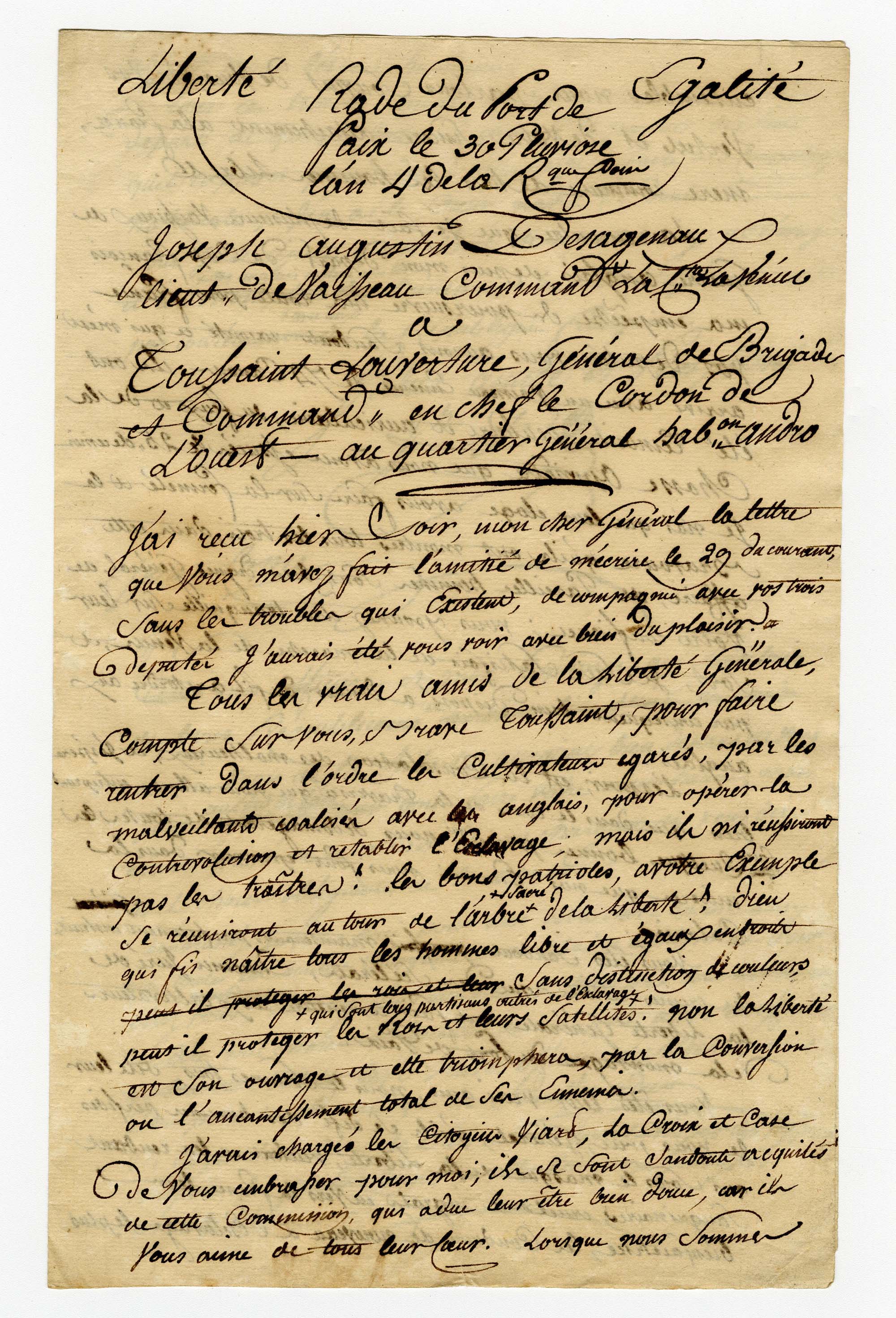 Brouillon de la lettre de Joseph-Augustin Desagenaux à Toussaint Louverture, le 19 février 1796, page 1/3 (104Z8)