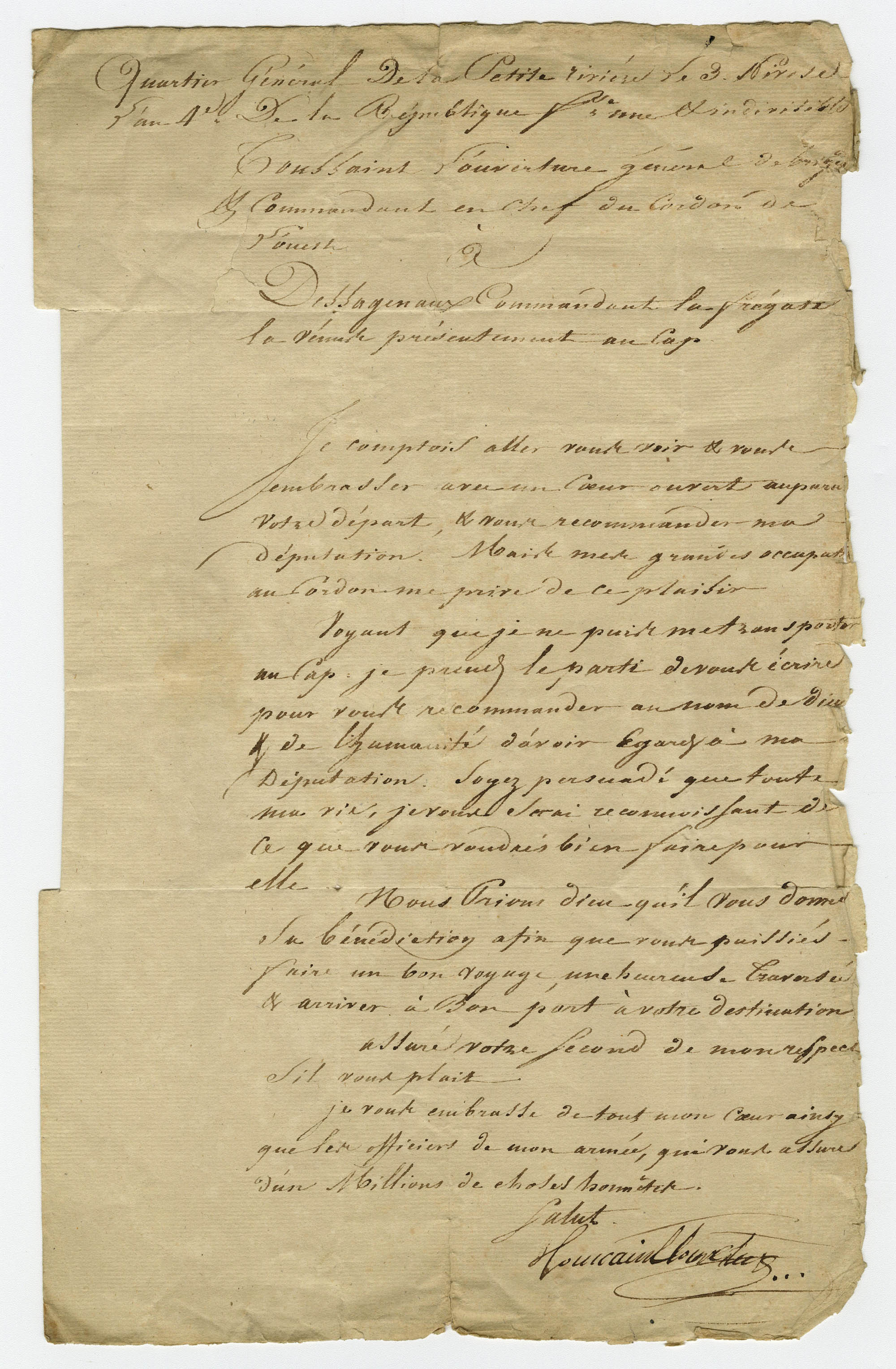 Lettre de Toussaint Louverture à Joseph-Augustin Desagenaux, le 24 décembre 1795 (104Z8)