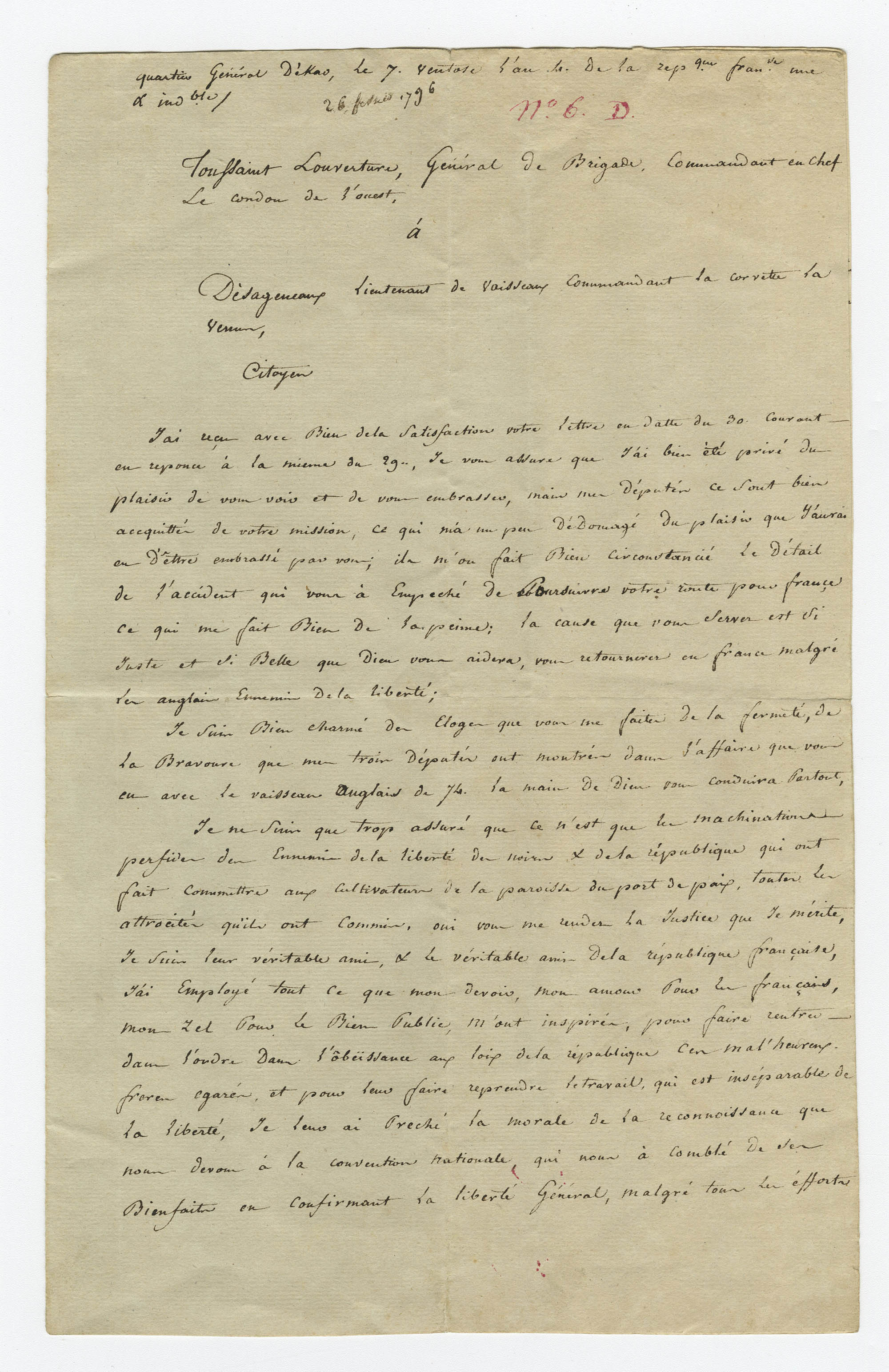 Lettre de Toussaint Louverture à Joseph-Augustin Desagenaux, le 26 février 1796, page 1/3 (104Z8)