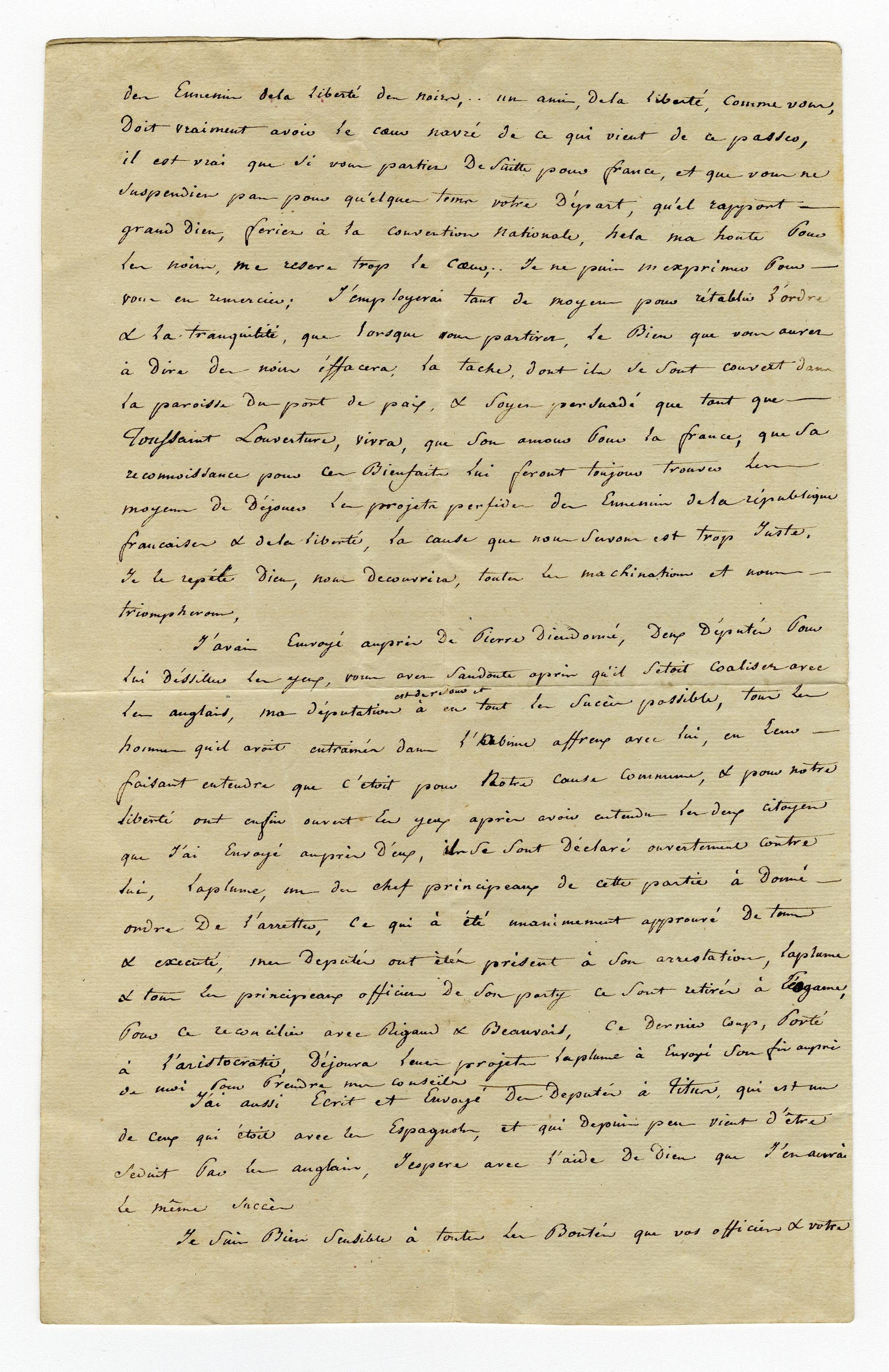 Lettre de Toussaint Louverture à Joseph-Augustin Desagenaux, le 26 février 1796, page 2/3 (104Z8)