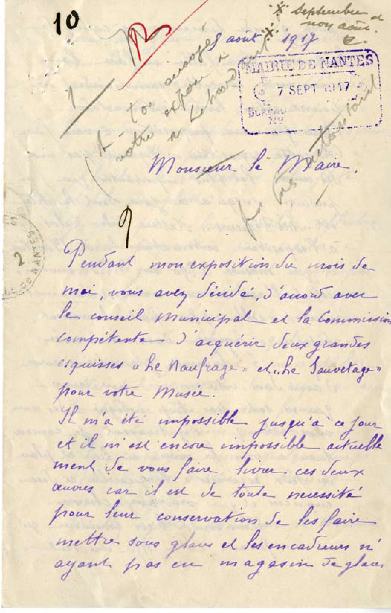 Courrier de Jean-Julien Lemordant au maire de Nantes en date du 5 août 1917, page 1/4 (2R771)
