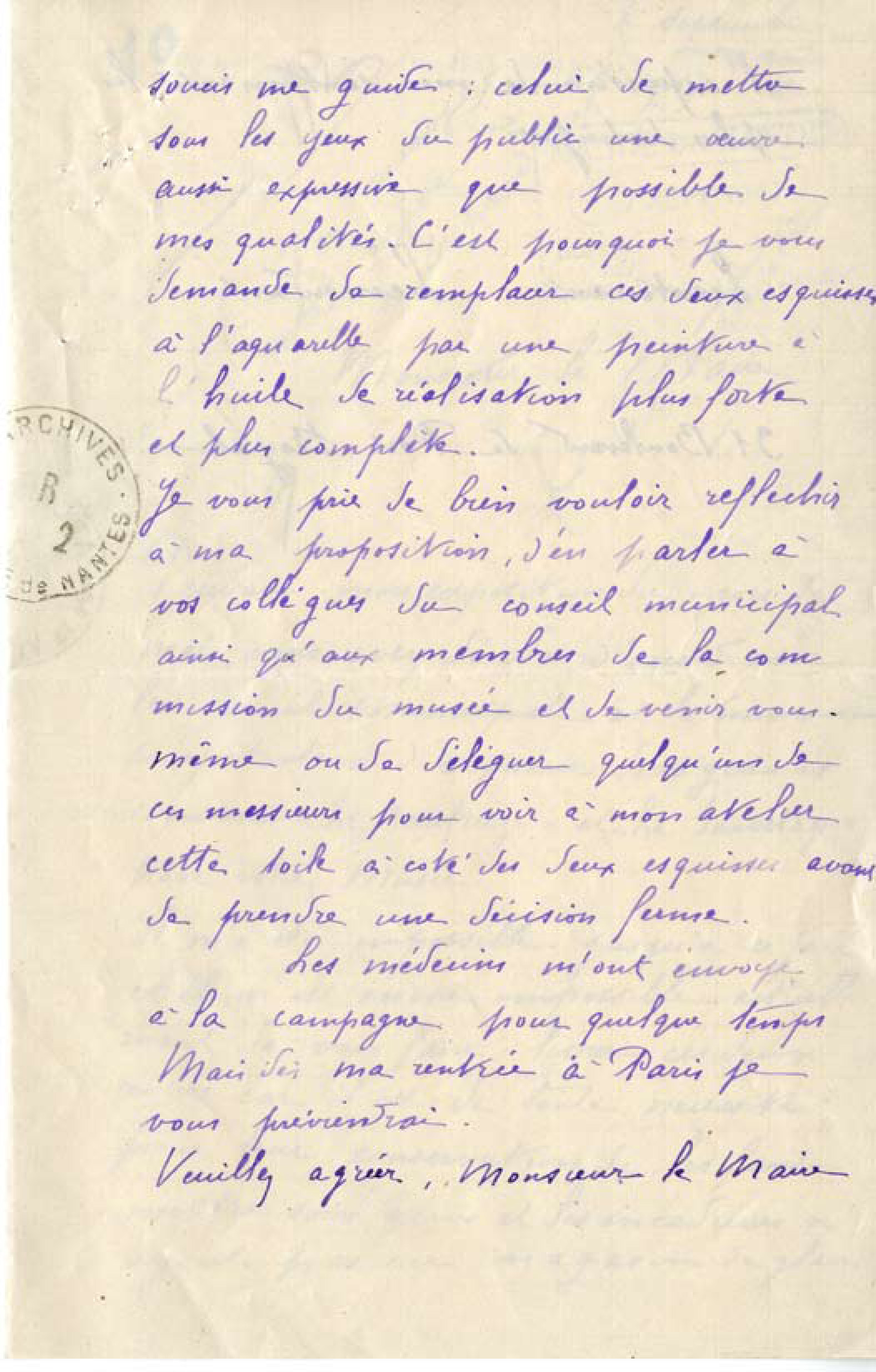 Courrier de Jean-Julien Lemordant au maire de Nantes en date du 5 août 1917, page 3/4 (2R771)