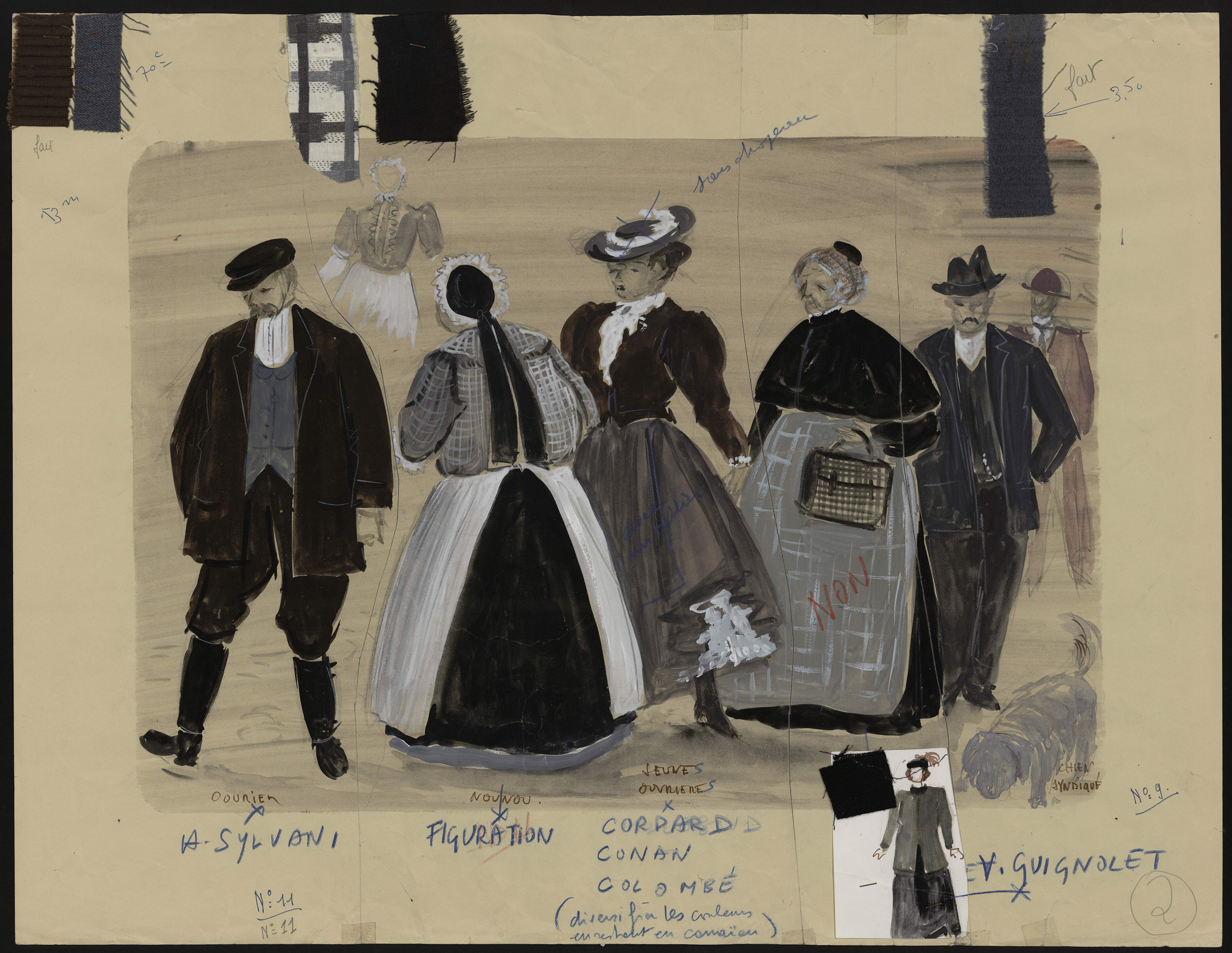 Planche représentant les costumes de plusieurs personnages de l'opéra Louise, réalisée en 1978, pour le Théâtre Graslin (60Z24)