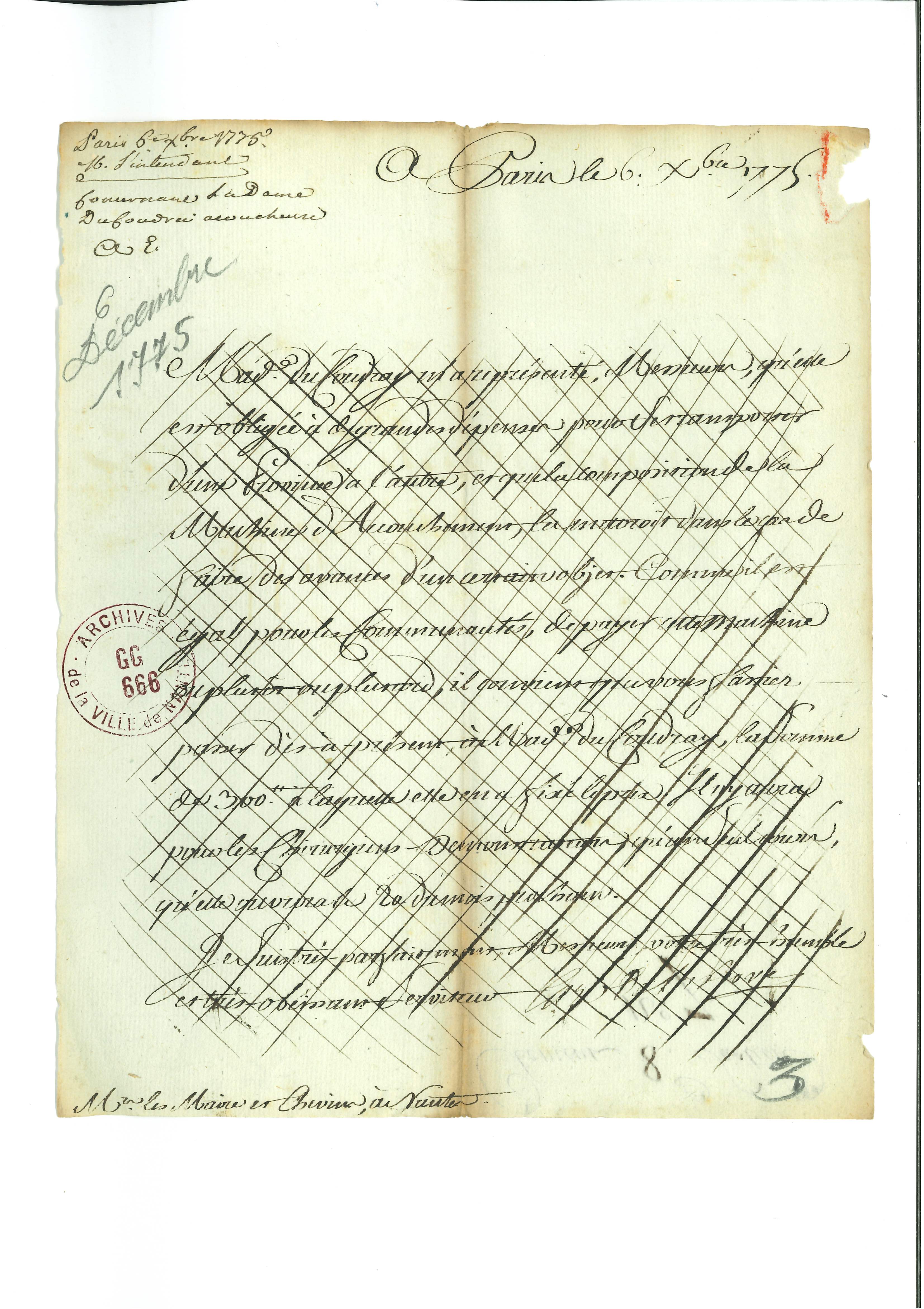 Courrier de l'Intendant depuis Paris daté du 6 décembre 1775 concernant l’achat de la machine d’accouchement d’Angélique du Coudray (300 livres). (GG 666 pièce 3)