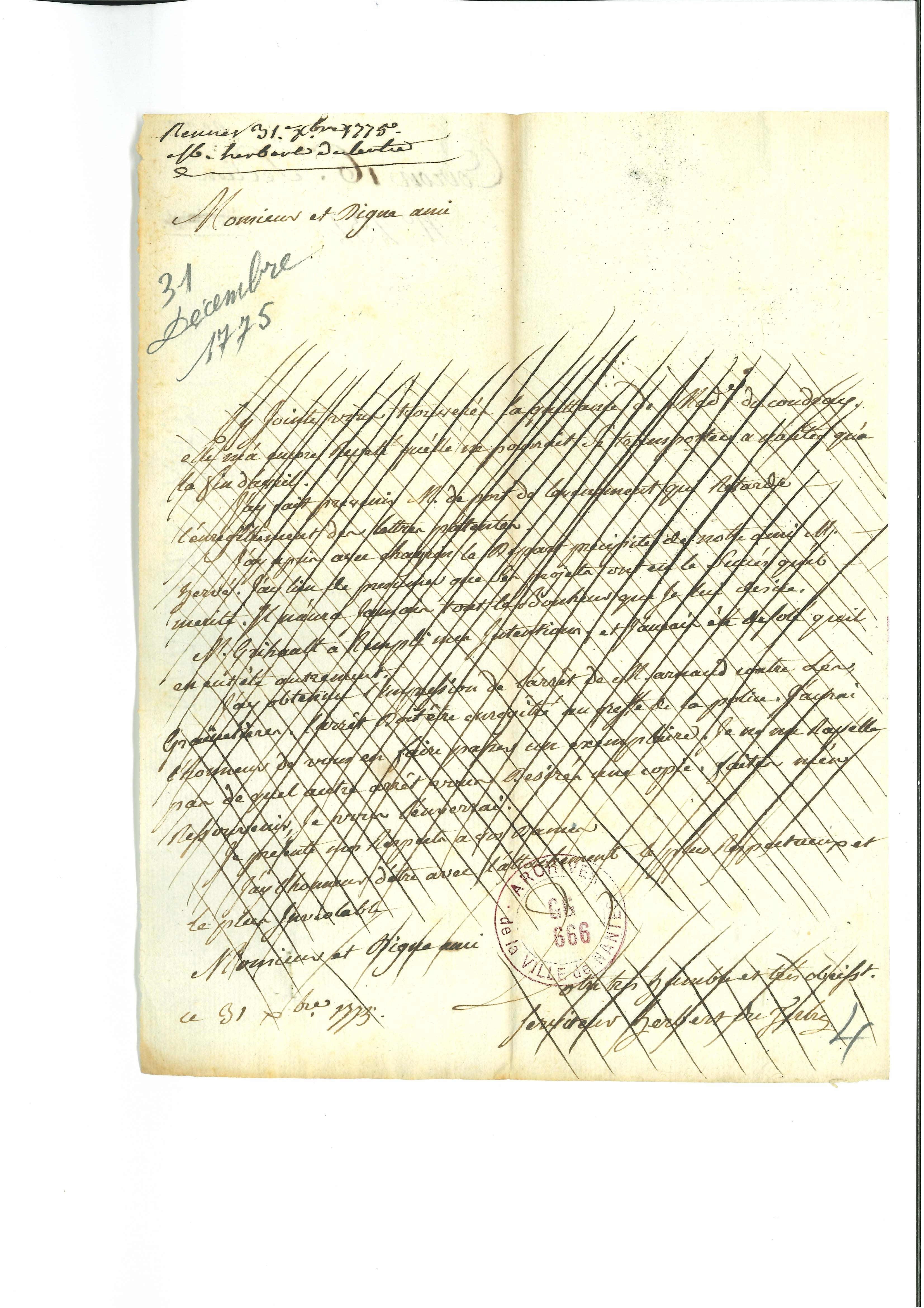 Courrier depuis Rennes du 31 décembre 1775, annonce l’envoi de la quittance d’Angélique du Coudray et confirme sa venue à Nantes à la fin du mois d’avril 1776. (GG 666 pièce 4)