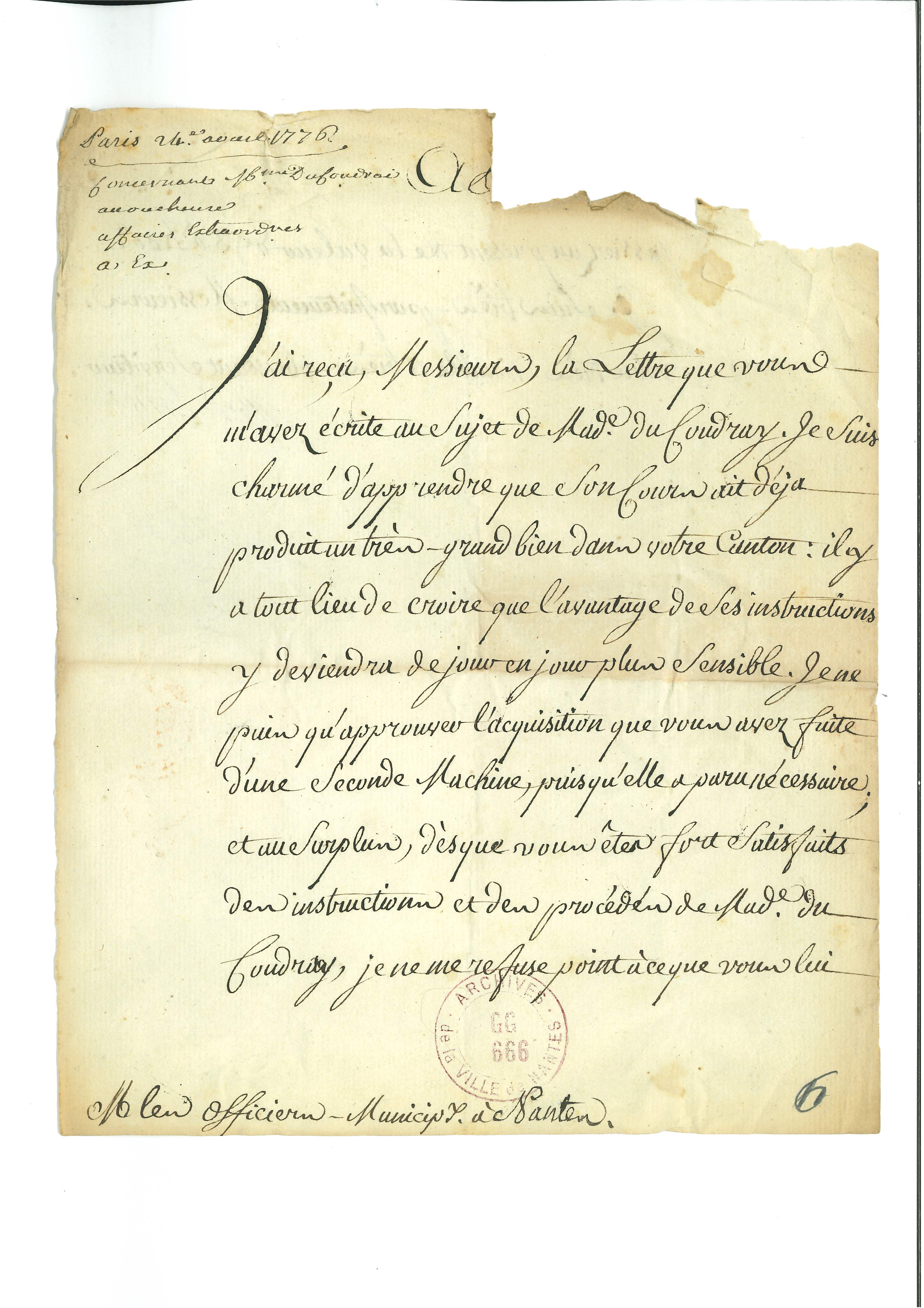 Courrier depuis Paris du 24 avril 1776 de l'intendant de Bretagne. GG 666 pièce 6. 