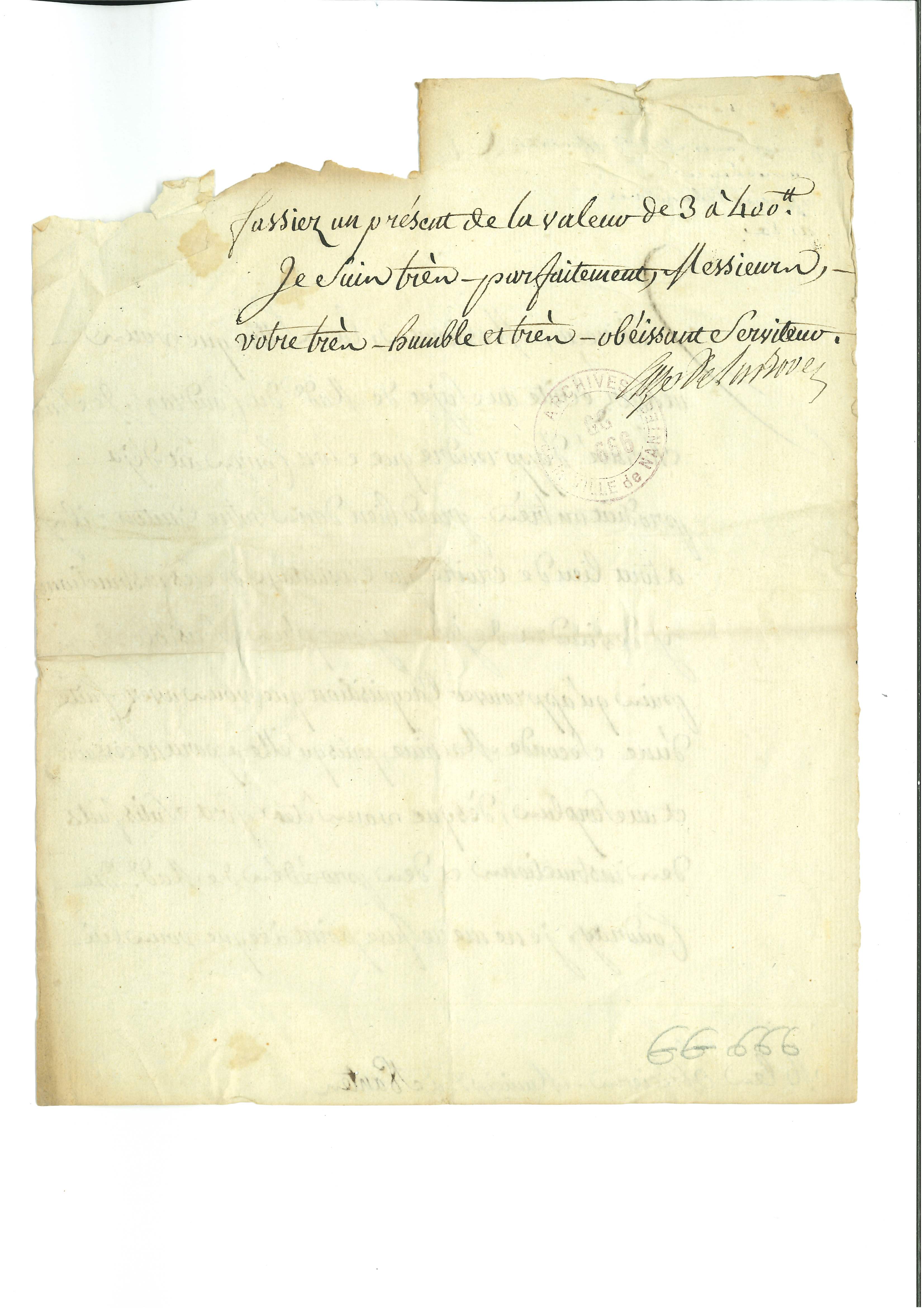 Courrier de l'Intendant depuis Paris daté du 24 avril 1776, suite aux 15 jours de formation données par Angélique du Coudray à Nantes. (GG 666 pièce 6 - verso)