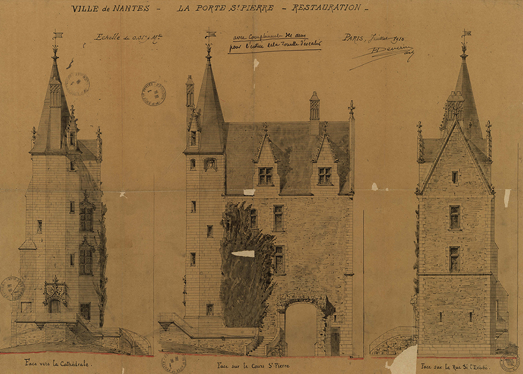 Plan des élévations de la porte Saint-Pierre, lors de sa restauration par Joseph-Henri Deverin en 1910. 1Fi1197