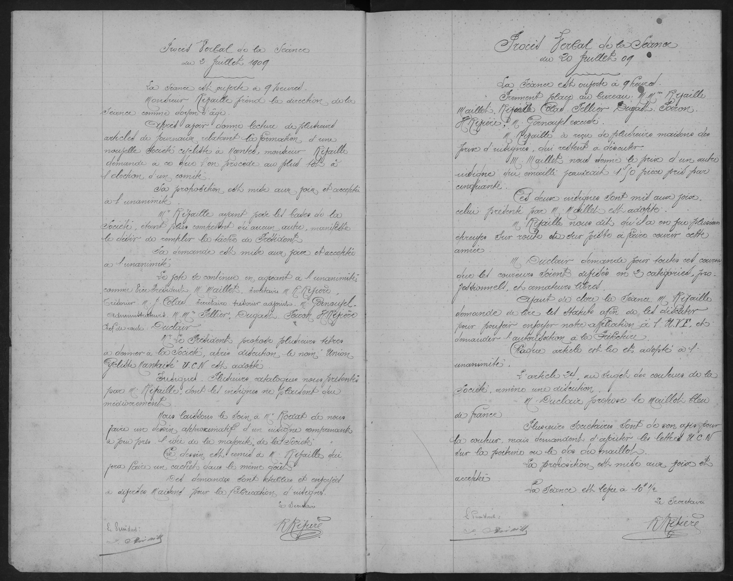 Procès-verbaux des séances du 2 et du 20 juillet 1909 du bureau de l'Union Cycliste Nantes Atlantique (288Z1)