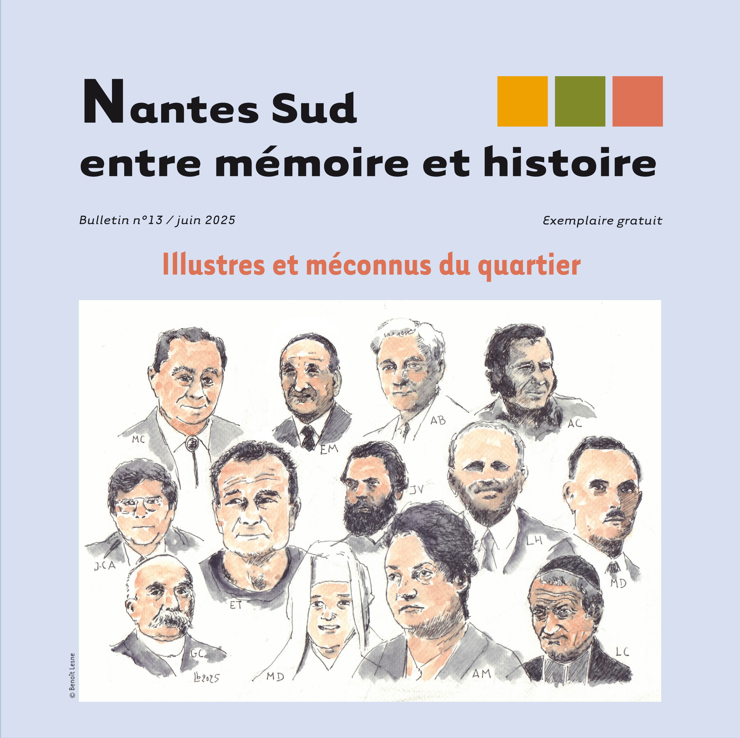 En couverture du bulletin, un dessin de Benoît Lesne, membre du groupe Histoire Mémoire Nantes Sud, qui représente certaines des personnalités évoquées dans le bulletin (© Benoît Lesne)