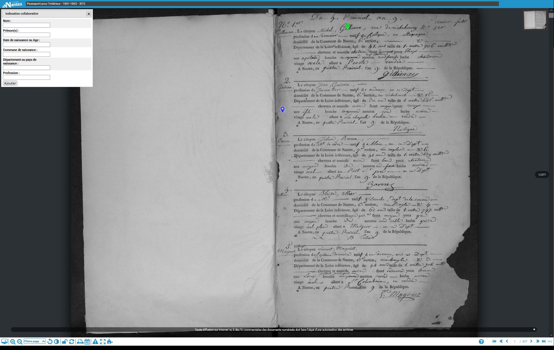 Vous êtes dans l'interface de visualisation du registre numérisé. Déplacez la petite icône bleue sur l'extrait du registre que vous allez indexer