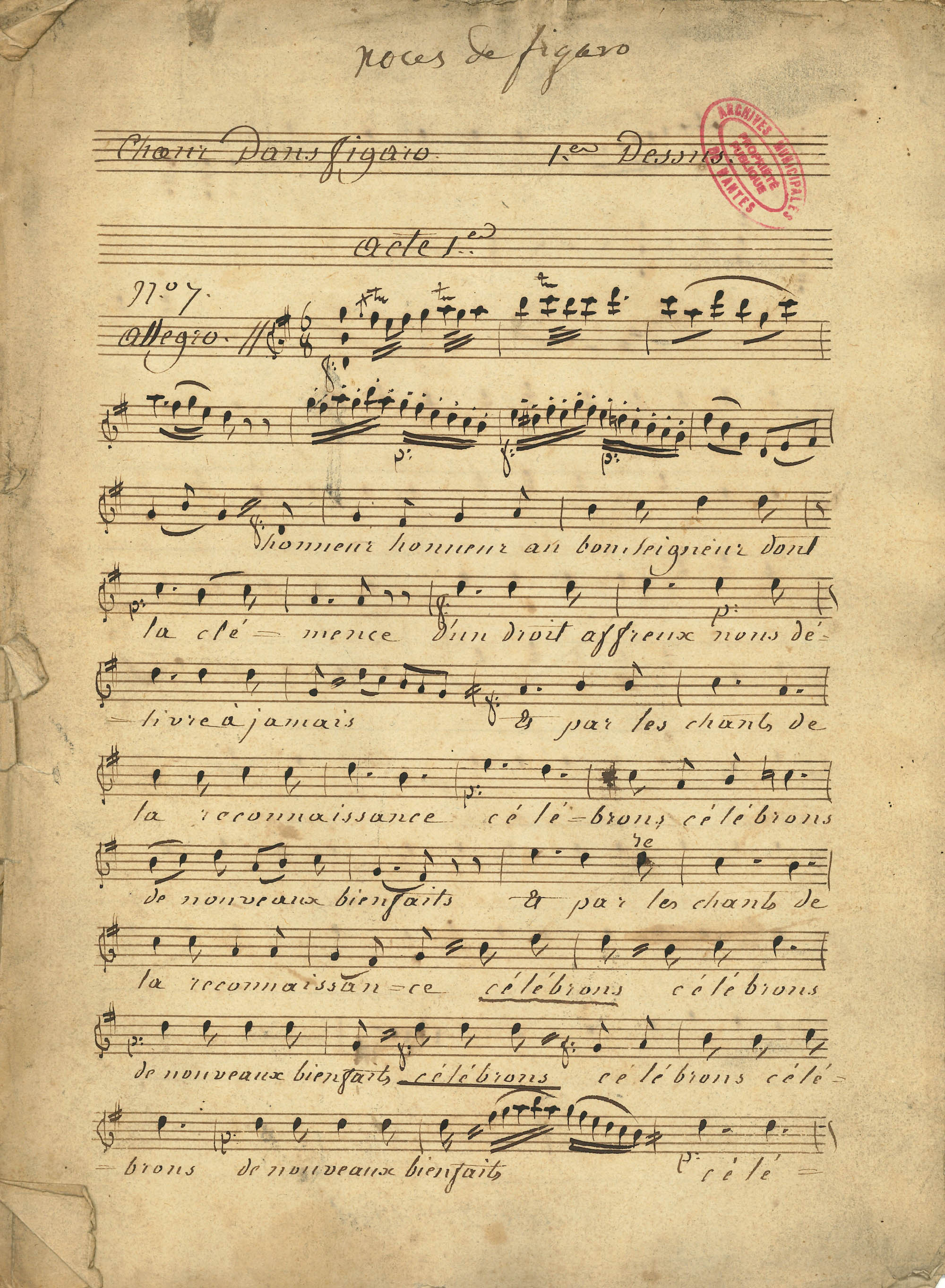 Les Noces de Figaro, opéra composé par Mozart, 1ère page du livret par Barbier et Carré en 1860 (2R361)
