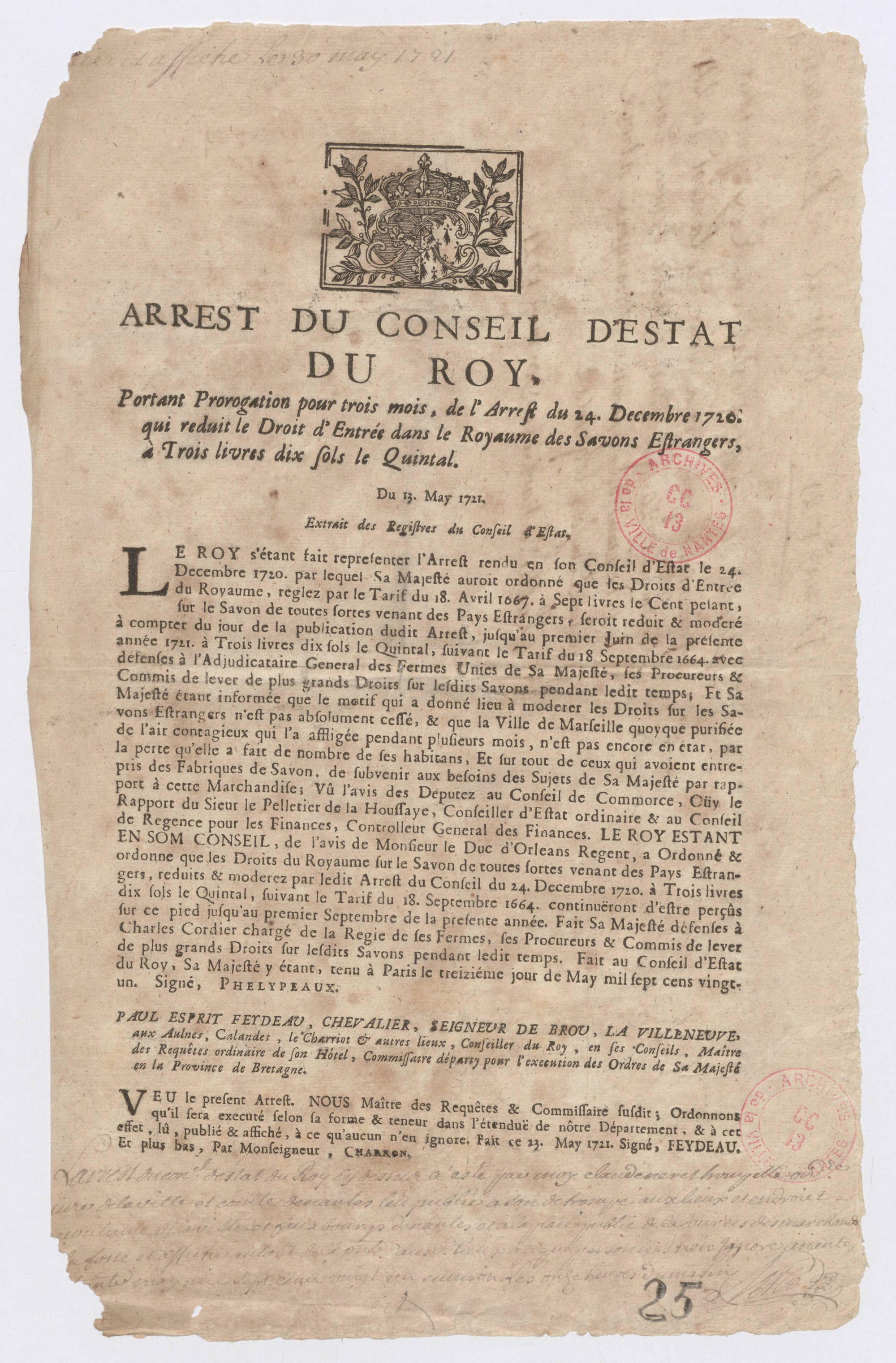 Arrêt du Conseil d'État du Roi du 13 mai 1721 sur la réduction du droit d'entrée dans le royaume de savons étrangers