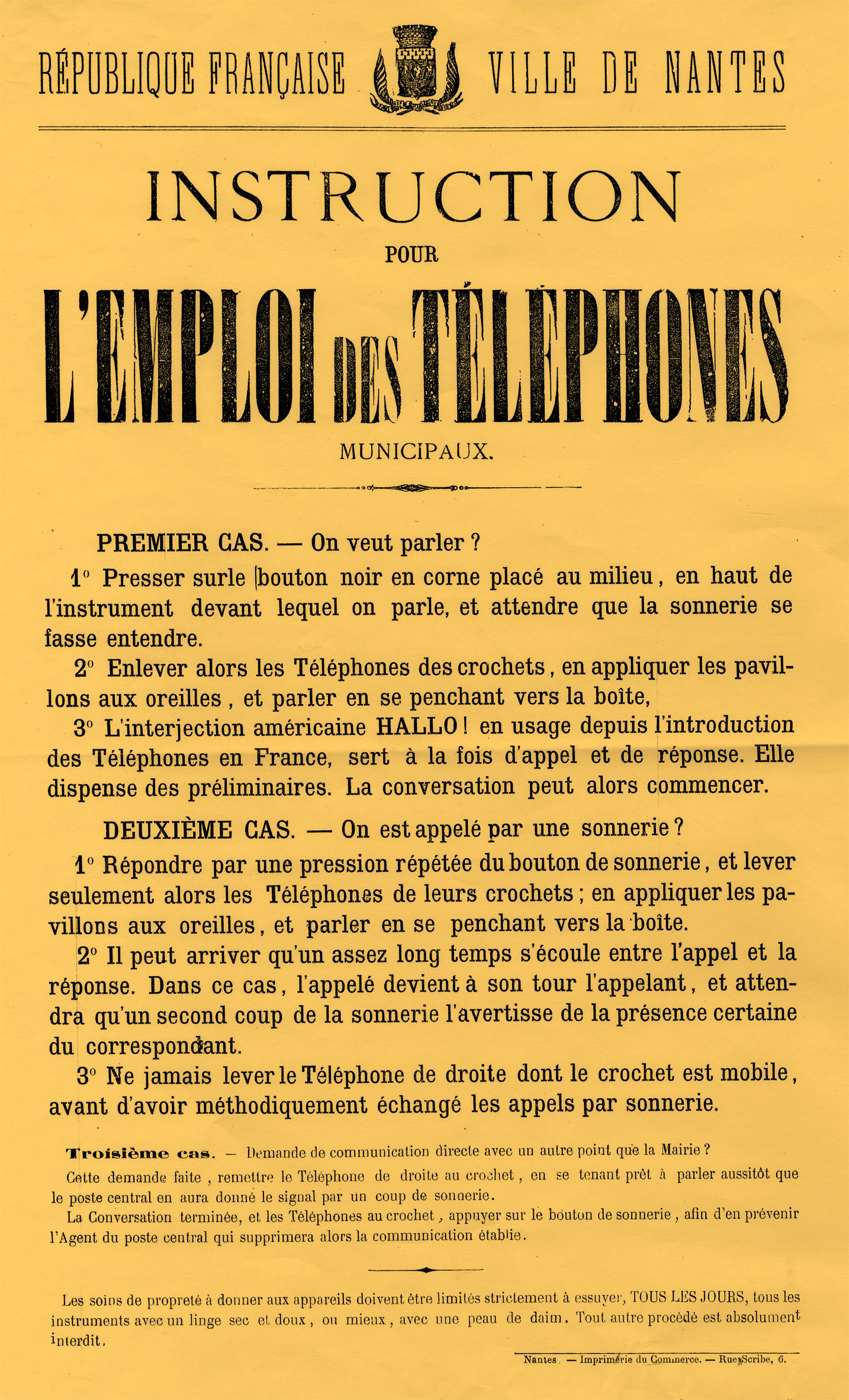 Affiche portant instructions pour l’emploi des téléphones municipaux, 1880. 