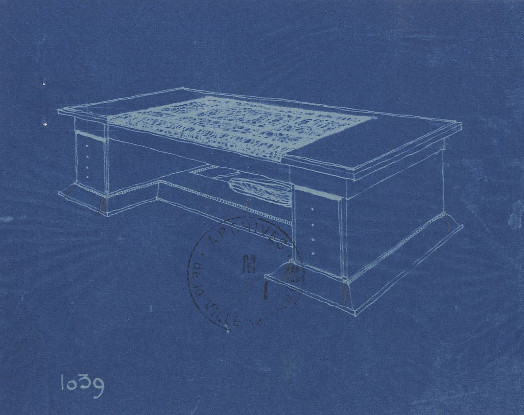 Hôtel de ville, projet de remplacement du mobilier dans le bureau du maire, dessin d’un grand bureau ministre fait par l’entreprise Ruhlmann (1923), 1Fi3179 (cote liée à 1M16) (c) Archives de Nantes