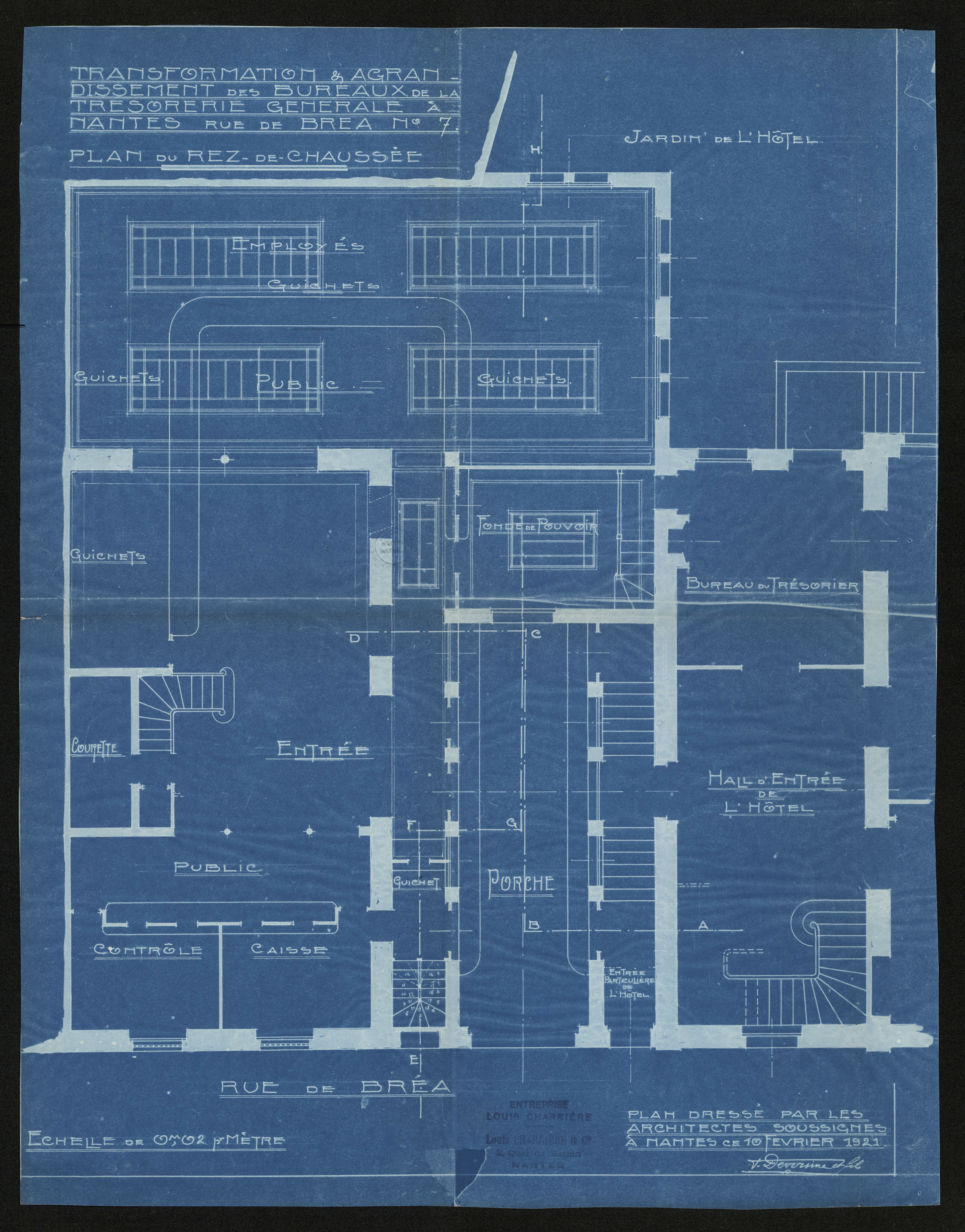 Transformation et agrandissement des bureaux de la Trésorerie générale, 7 rue de Bréa, rez-de-chaussée (1921), 1O2599 (c) Archives de Nantes