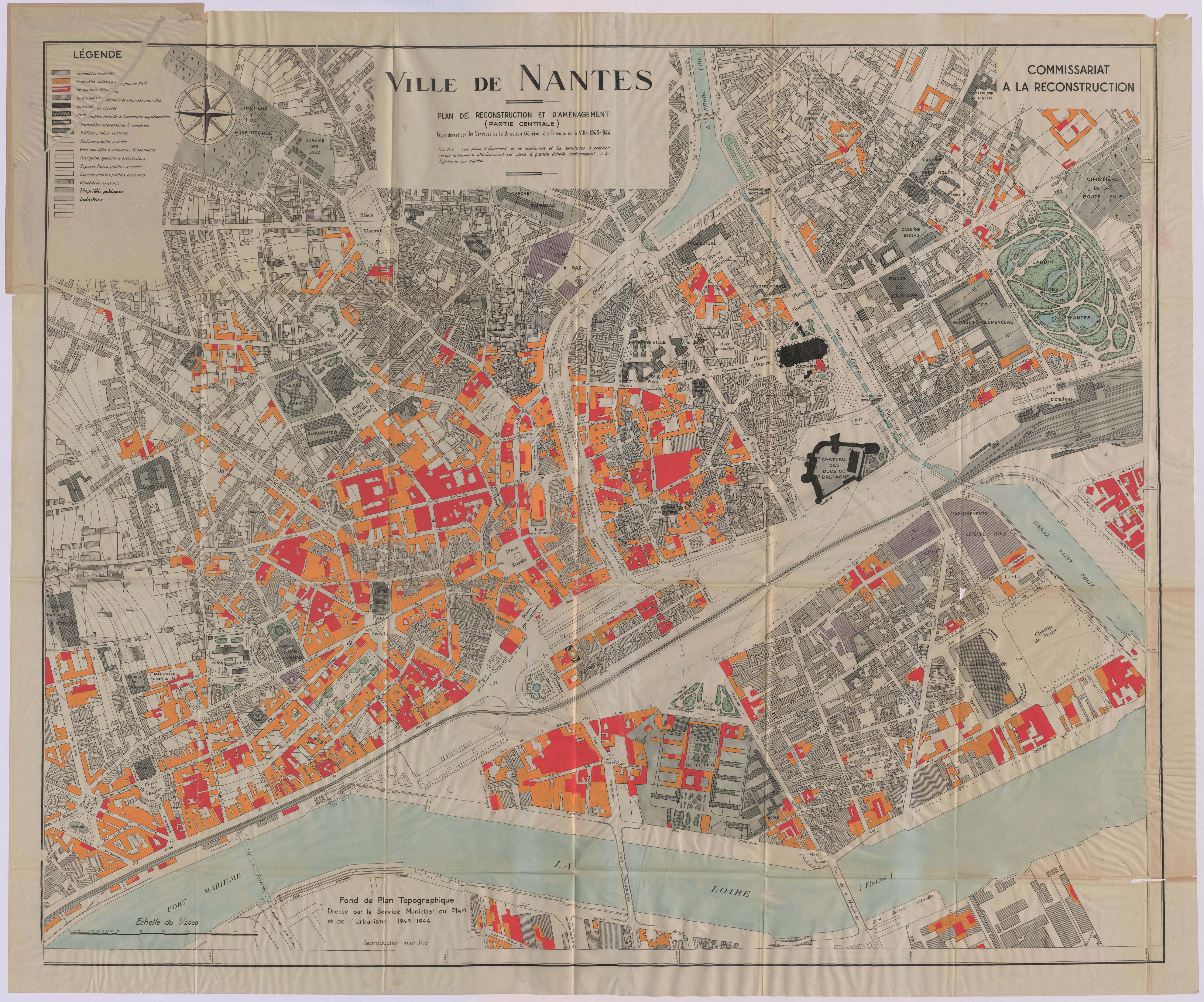 Plan de reconstruction et d'aménagement de la Ville de Nantes (partie centrale), dressé par les services techniques de la Ville en 1943-1944 (1Fi6820)