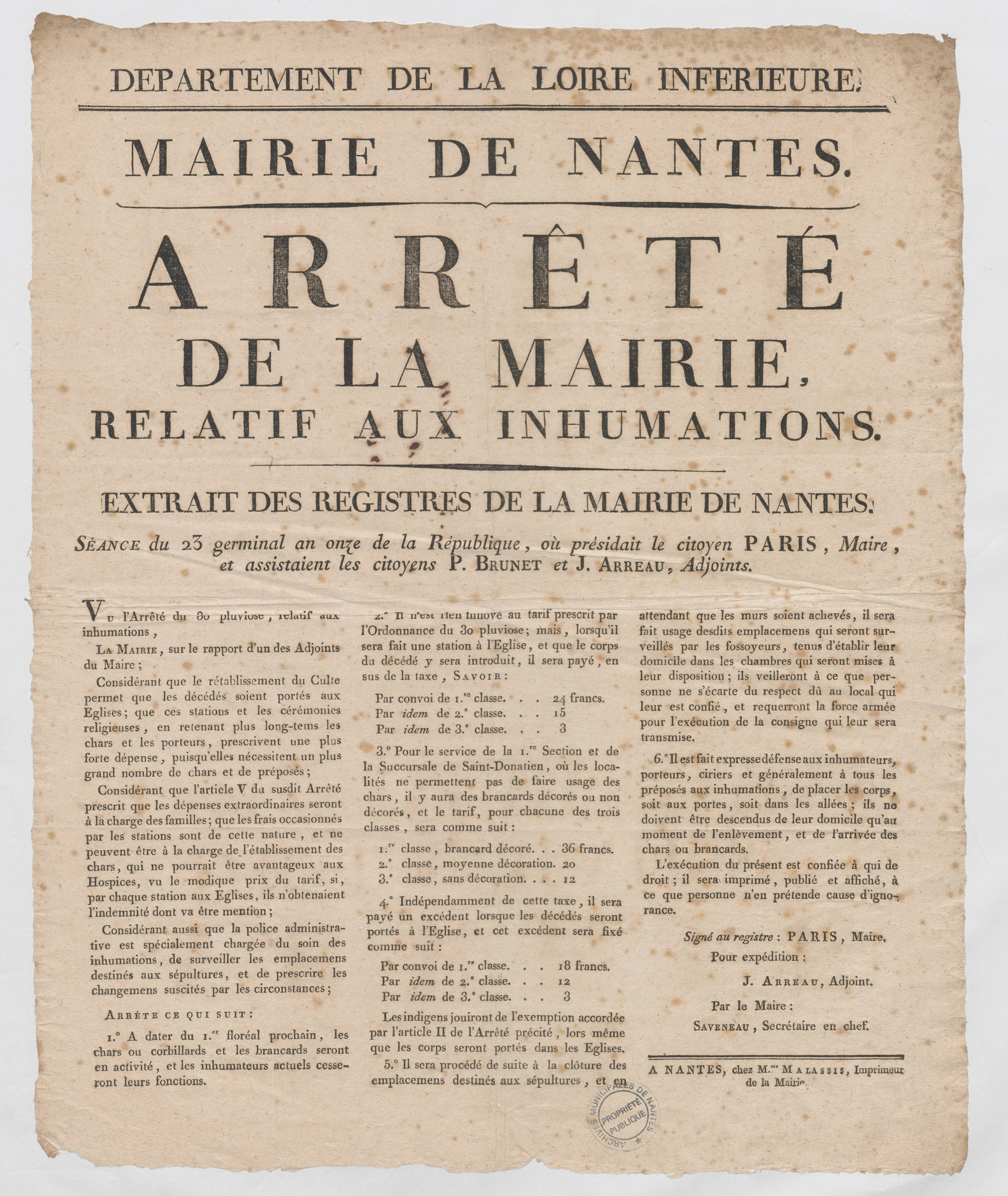 Arrêté municipal relatif aux inhumations, 1801 (6Fi1717)