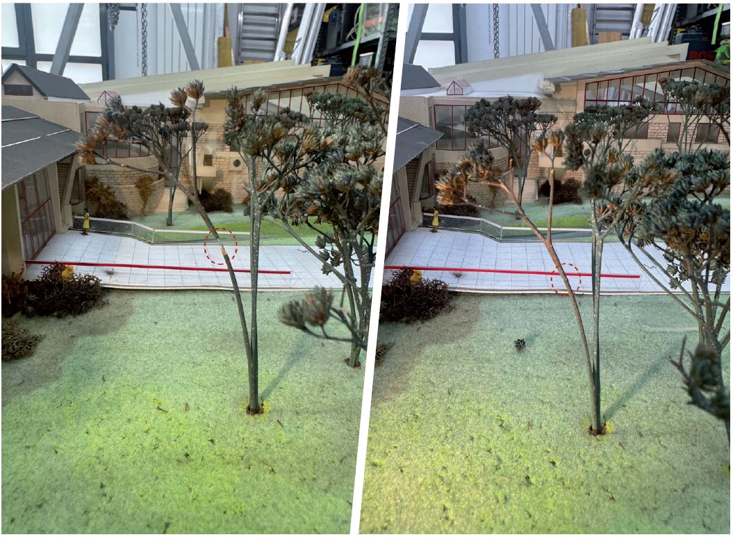 Différentes étapes de l'assemblage d'un arbre brisé avec un fil de nylon